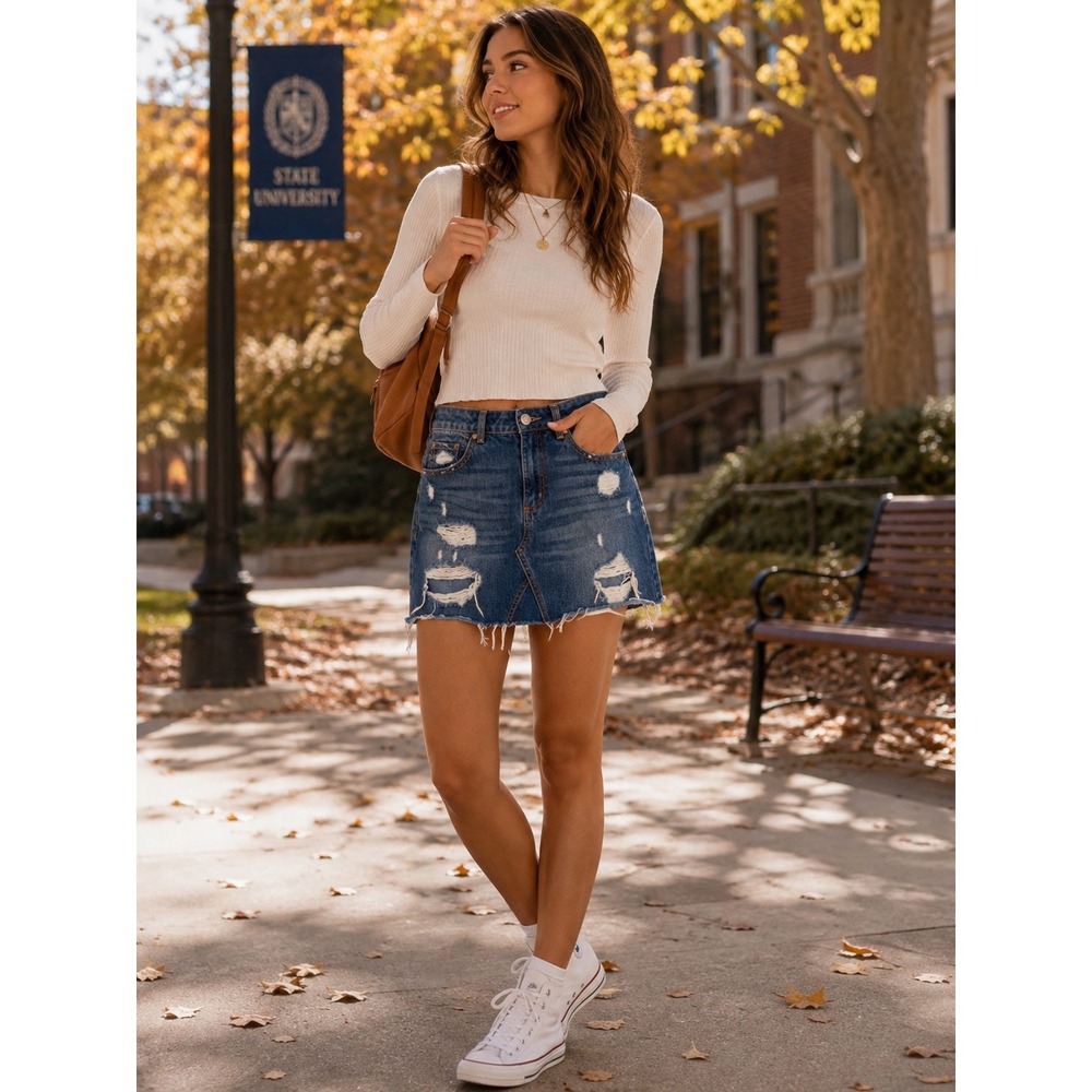 Garage Denim Mini Skirt Distressed Raw Hem Casual Medium Wash Size M